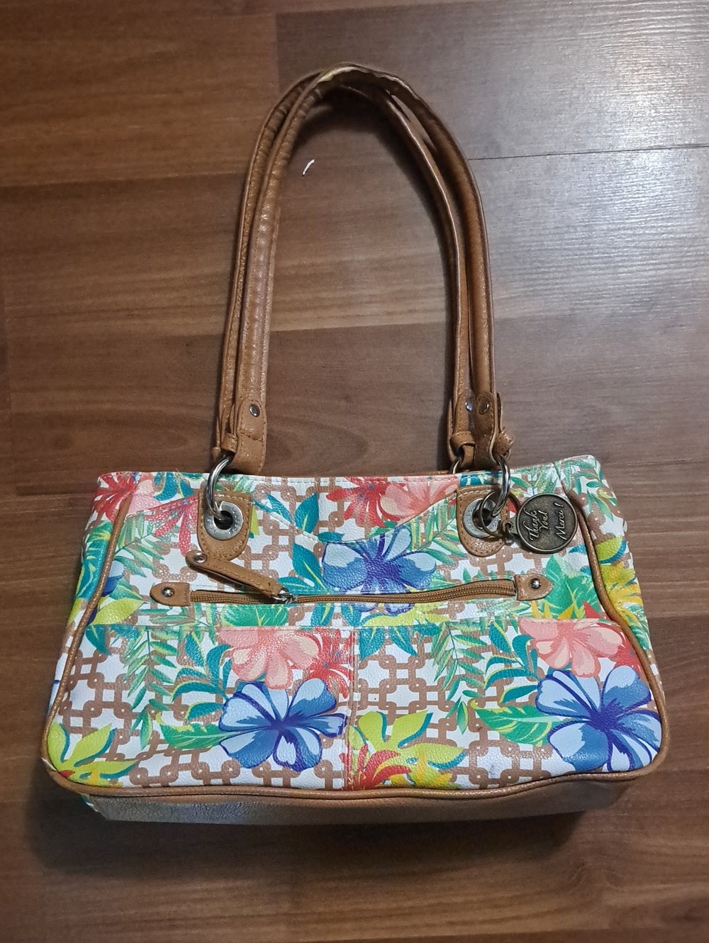 Rosetti Floral Canvas Shoulder Bag in Multicolor with Tan Trim